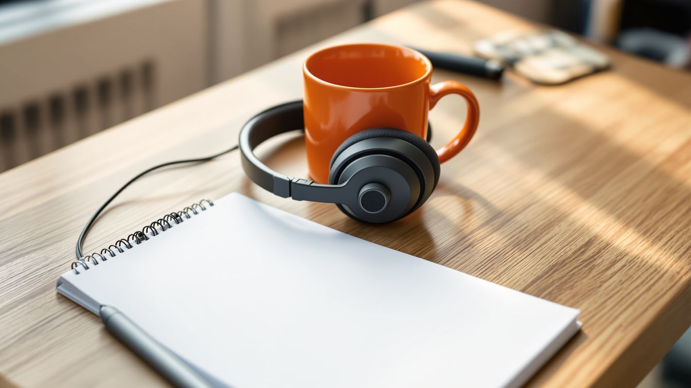 Headset, leerer Notizblock und eine orange Tasse auf einem Holztisch – eine Metapher für einen KI-Callcenter-Supportplatz