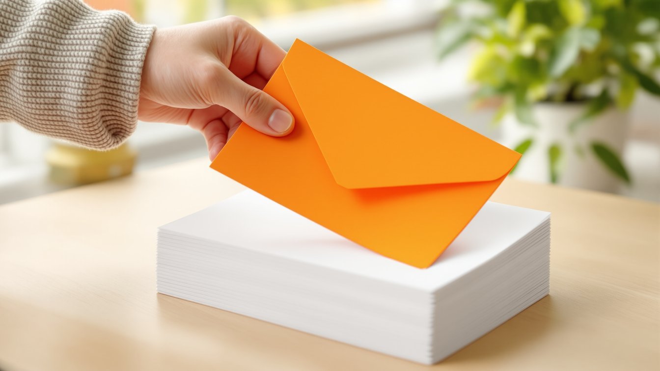 Eine Hand nimmt einen orangefarbenen Umschlag aus einem Stapel weißer Umschläge – eine Metapher dafür, wie ein KI-E-Mail-Assistent Antworten auswählt