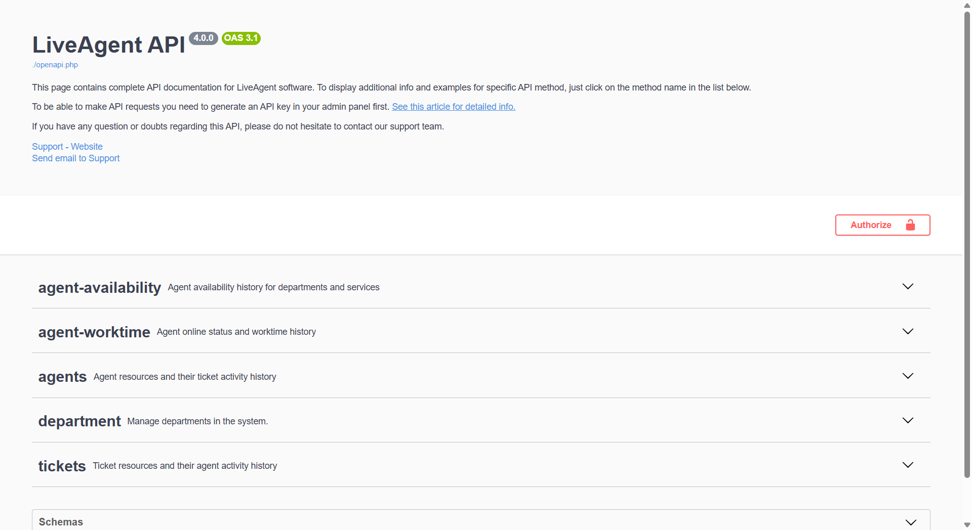 LiveAgent API v4 Dokumentationsübersicht mit verfügbaren Endpunkten