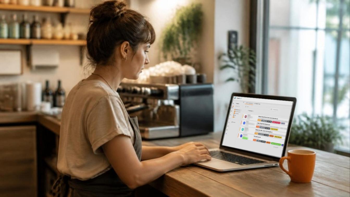 Cafébesitzerin nutzt ein Helpdesk mit Live-Chat auf ihrem Laptop – der beste Live-Chat für kleine Unternehmen