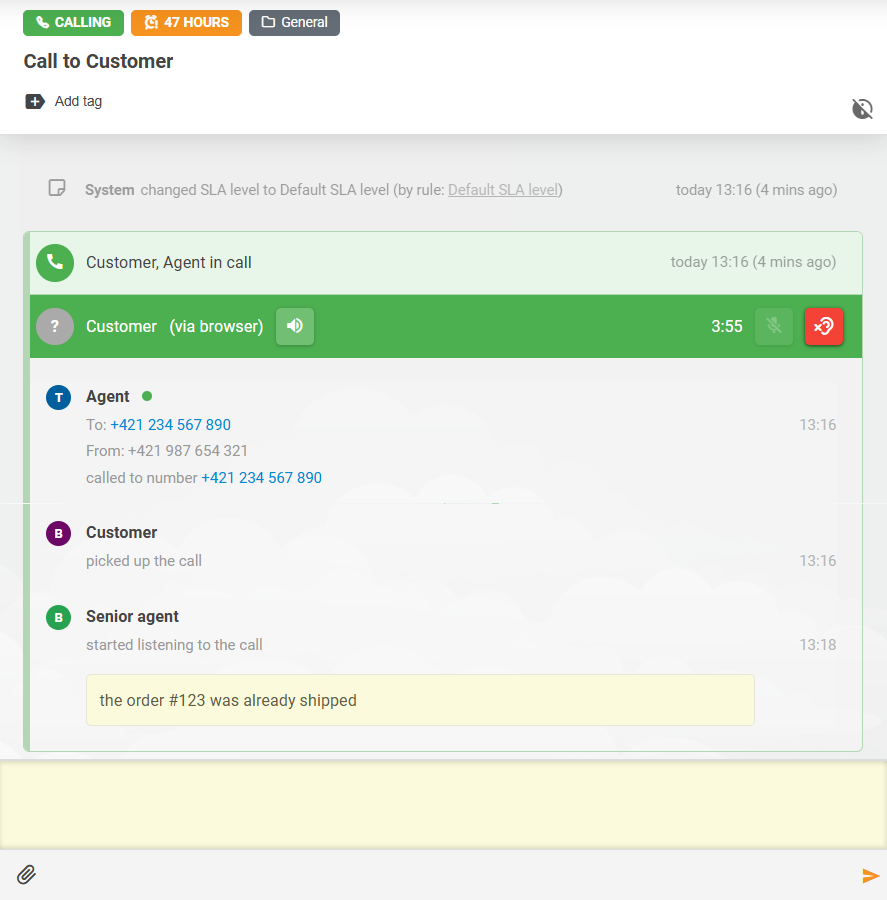 LiveAgent Call Listening-Funktion mit Notizeninteraktion zwischen Agenten