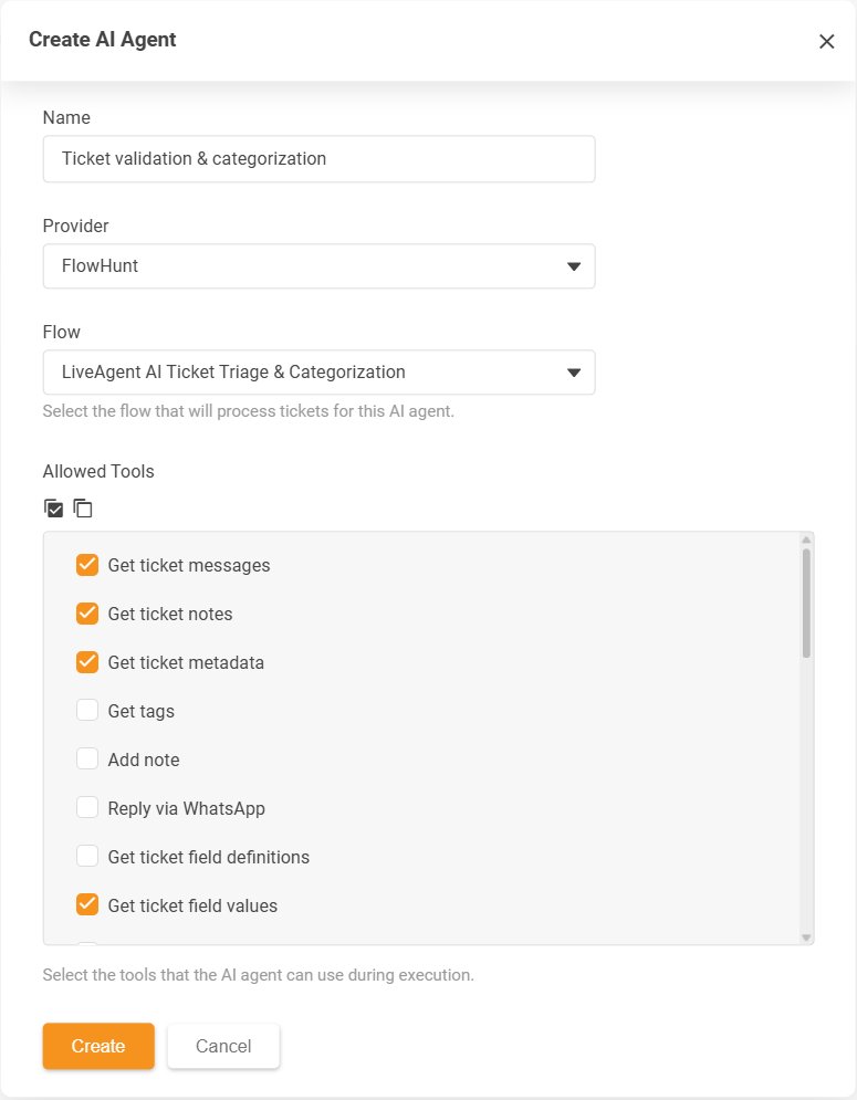 LiveAgent-Dialog zum Erstellen eines KI-Agenten mit der Liste der erlaubten Tools