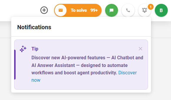 Screenshot des neuen In-App-Nachrichtenpanels von LiveAgent mit Benachrichtigungen und Updates