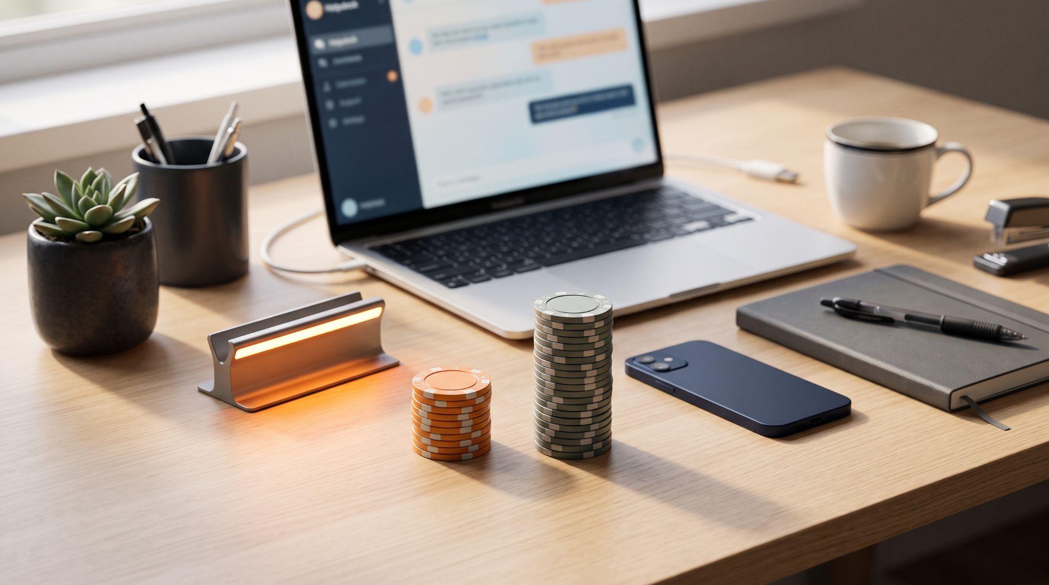 Schreibtisch mit einem Laptop, der eine Helpdesk-Chat-Oberfläche zeigt, neben gestapelten orangefarbenen und grauen Pokarchips, die die Kosten von LiveAgent und Zendesk darstellen