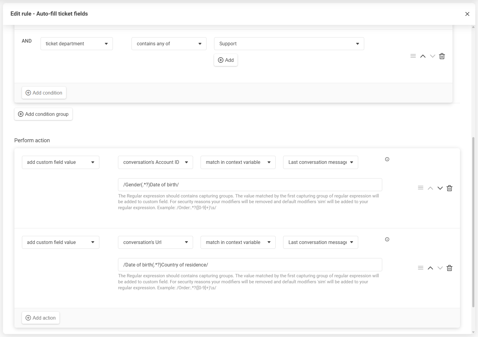 LiveAgent-Regeleditor mit Drag-and-Drop-Neuanordnung von Bedingungen und Aktionen