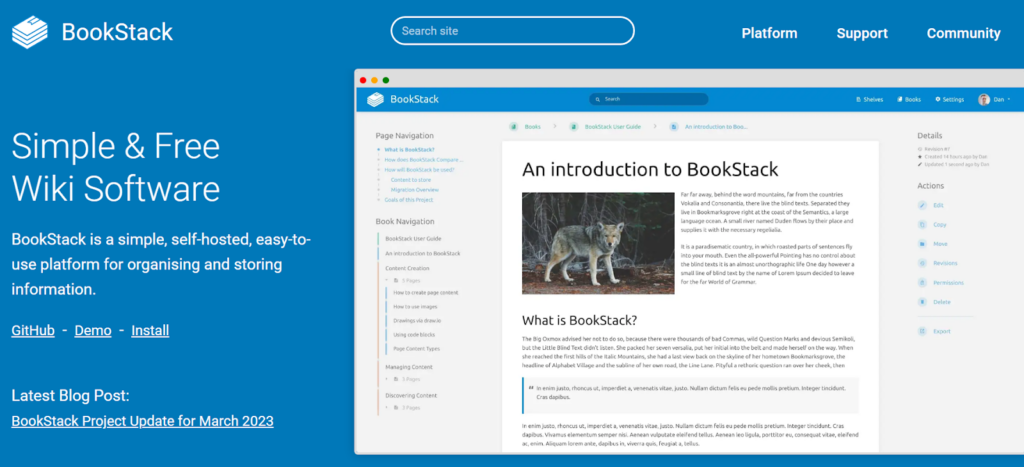 Klare und ansprechende Homepage-Anzeige der BookStack Software