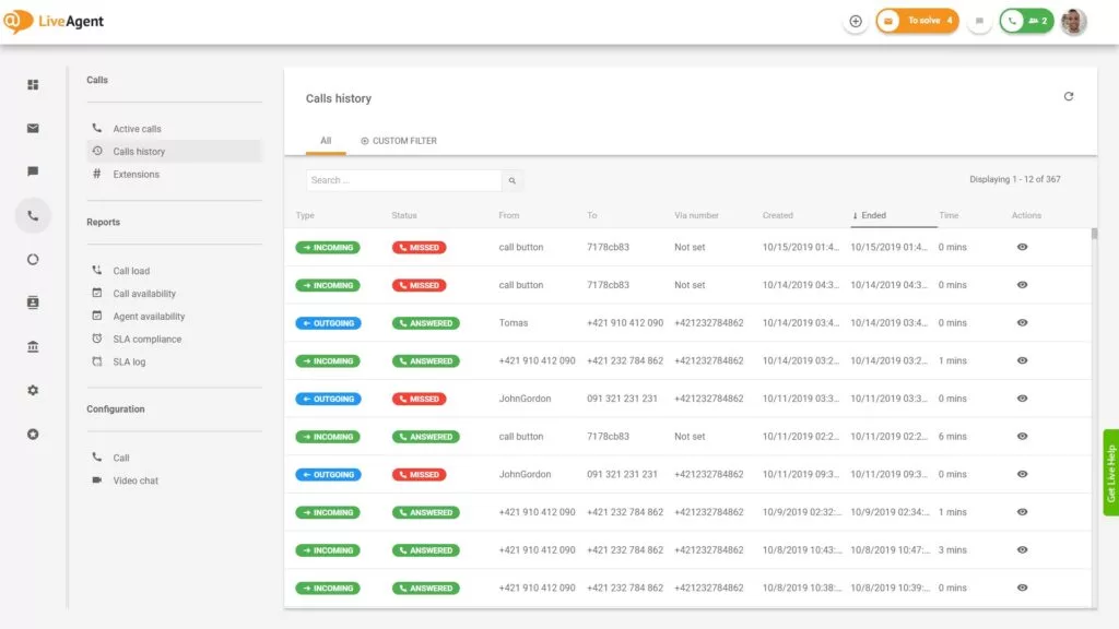 Übersicht der Call-Center-Schnittstelle in LiveAgent.
