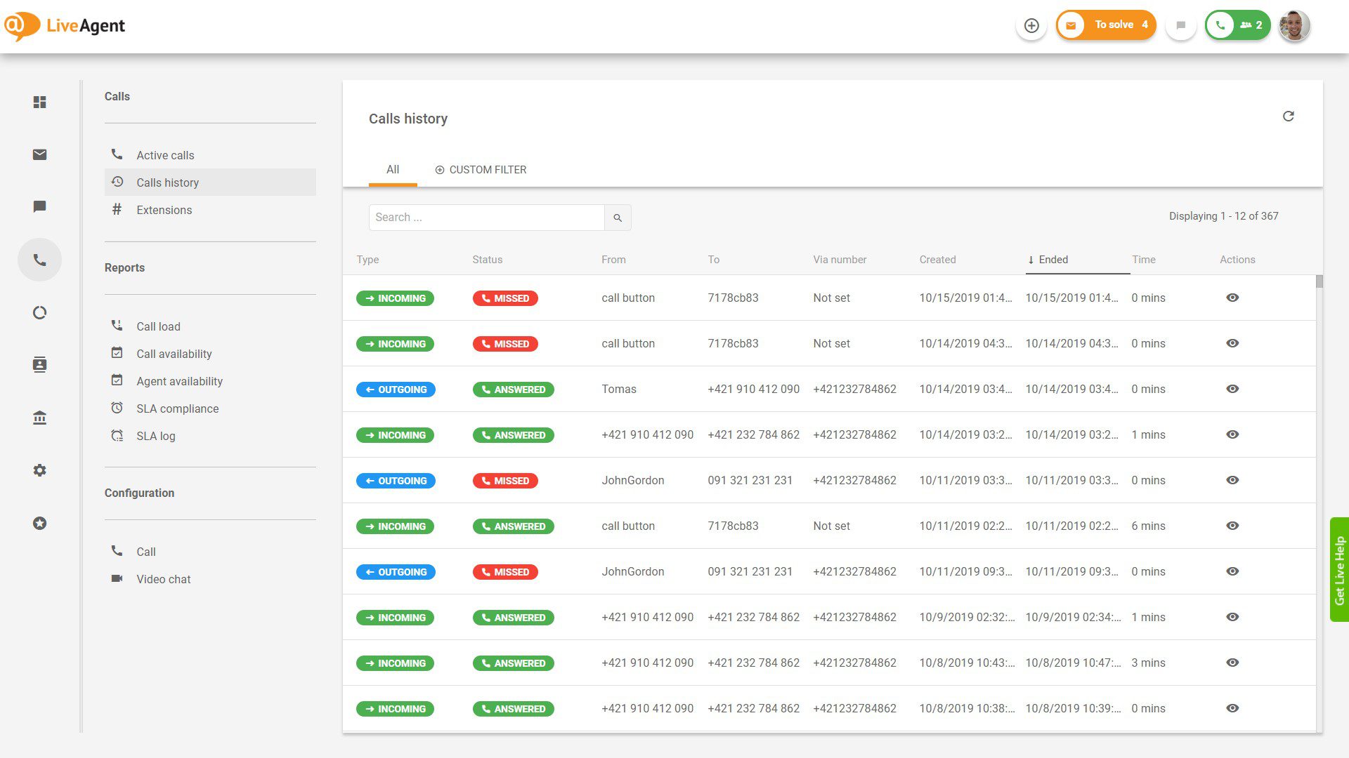 Übersicht der Call-Center-Schnittstelle in LiveAgent.