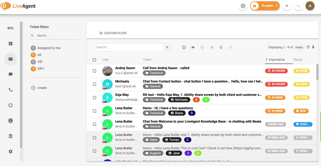 Übersicht der Ticketing-Schnittstelle in LiveAgent.
