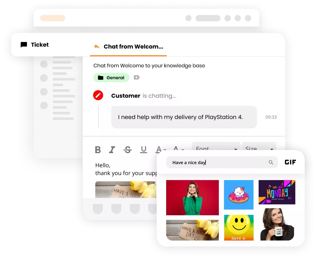 LiveAgent Ticketing-System-Schnittstelle mit GIFs in einem Ticket.