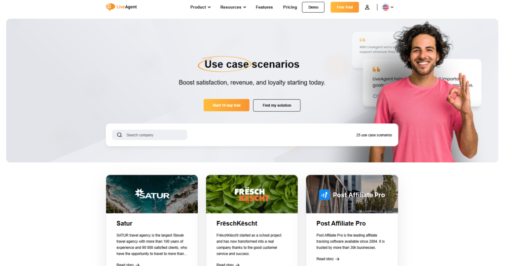 Screenshot der LiveAgent-Website, auf der die Erfolgsgeschichten der Kunden geteilt werden