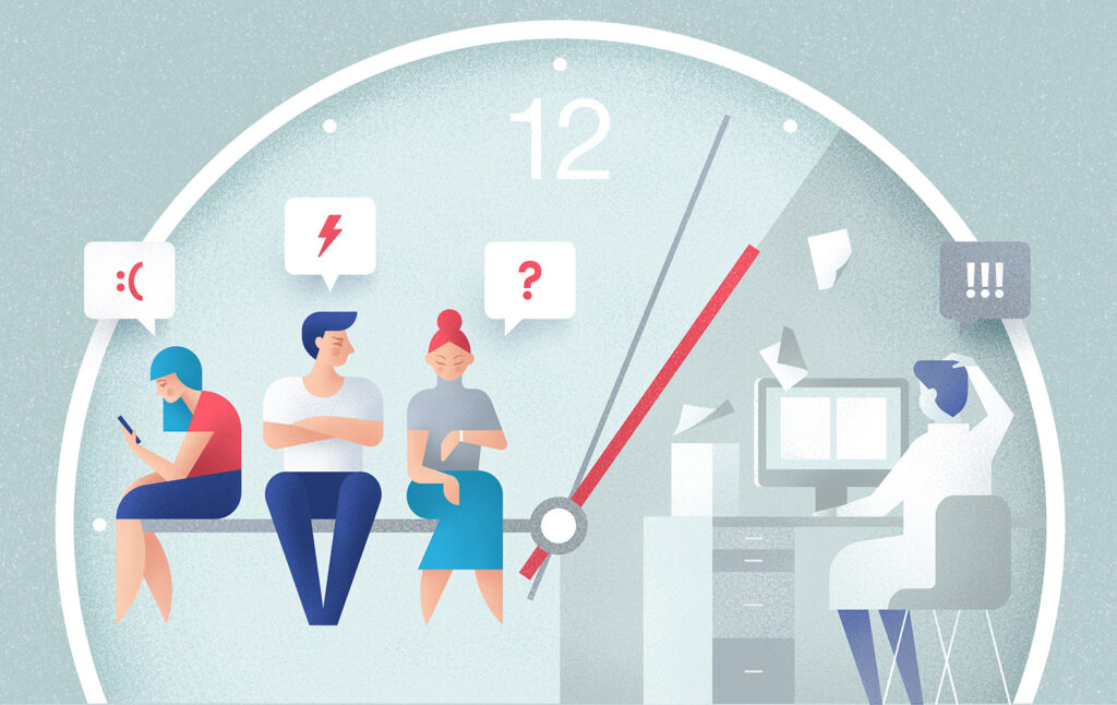 Illustration wartender Kunden auf Support