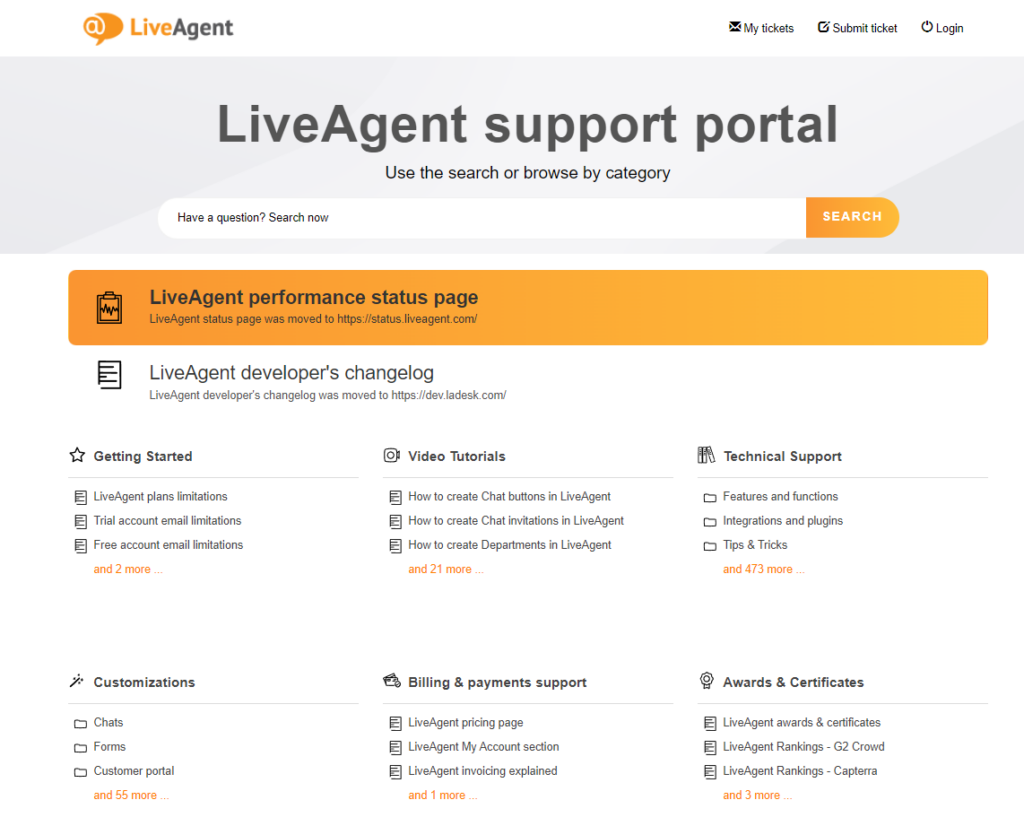 Screenshot der technischen Support-Kategorie aus LiveAgent's Wissensdatenbank