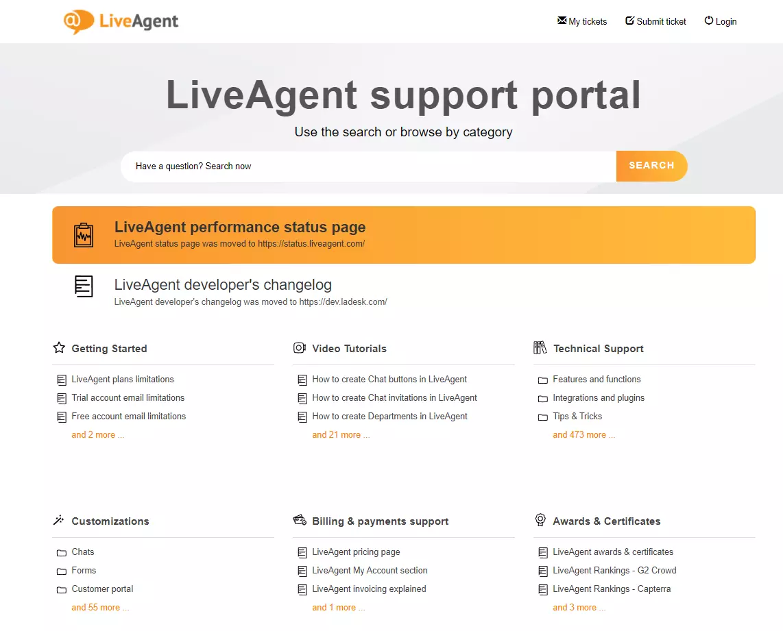 Externe Wissensdatenbank von LiveAgent mit mehreren Kategorien und Suchfunktion