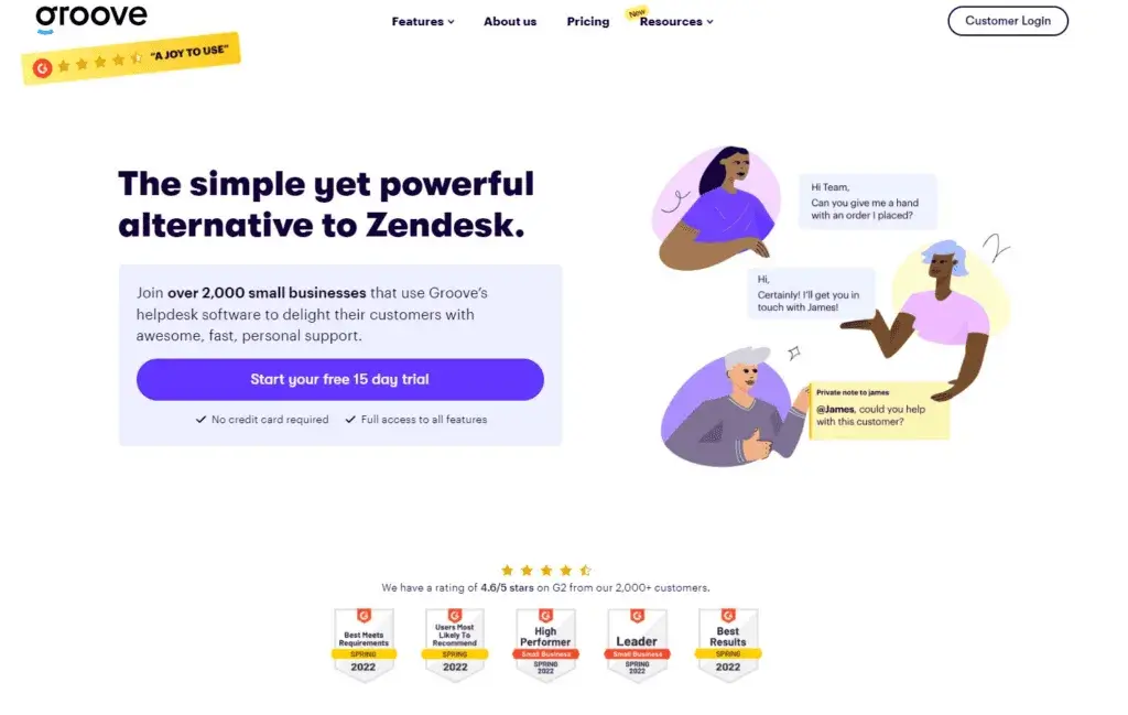 Groove-Homepage - Vereinfachte Zendesk-Alternative für kleine Unternehmen