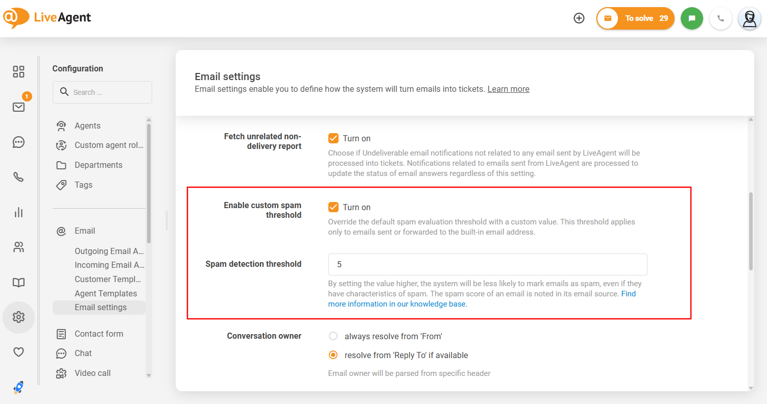 Die Schnittstelle des anpassbaren Spam-Schwellenwerts von LiveAgent