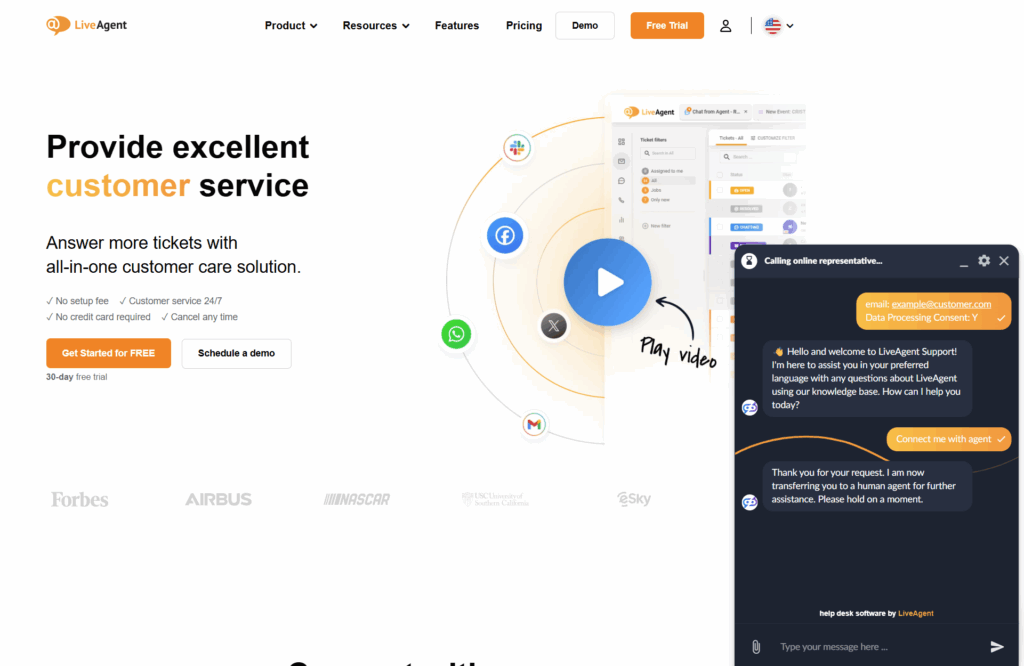 LiveAgent KI-Chatbot-Gespräch mit einem Bot auf der LiveAgent-Webseite