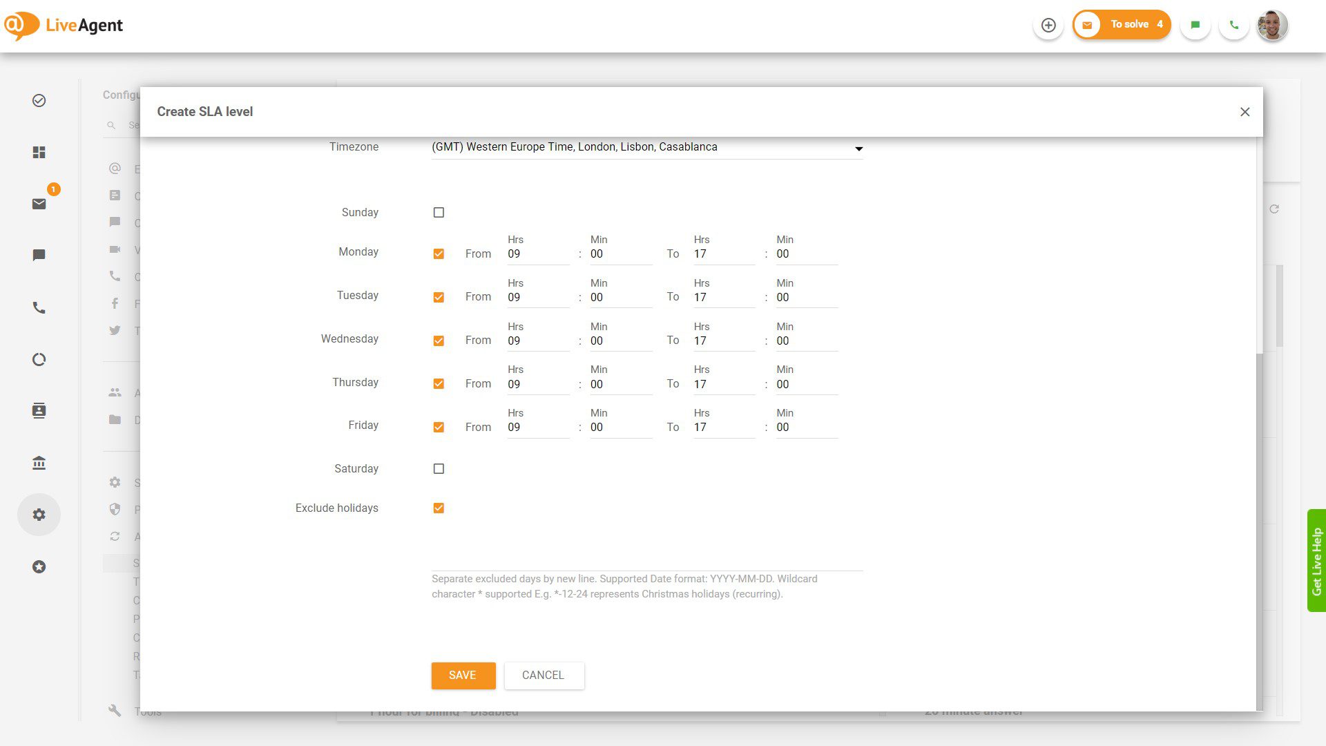 Einstellung der Geschäftszeiten in LiveAgent