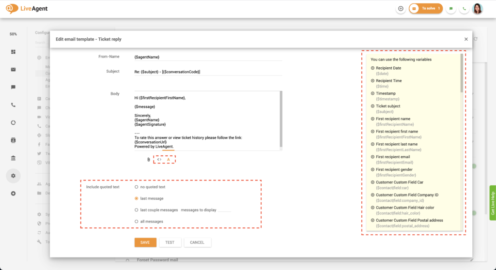Anpassung von E-Mail-Vorlagen in LiveAgent