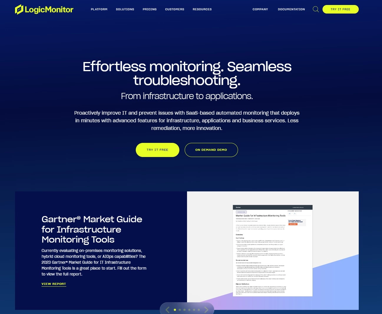 Screenshot der LogicMonitor-Homepage - IT-Leistungsplattform für mühelose Überwachung und Fehlerbehebung