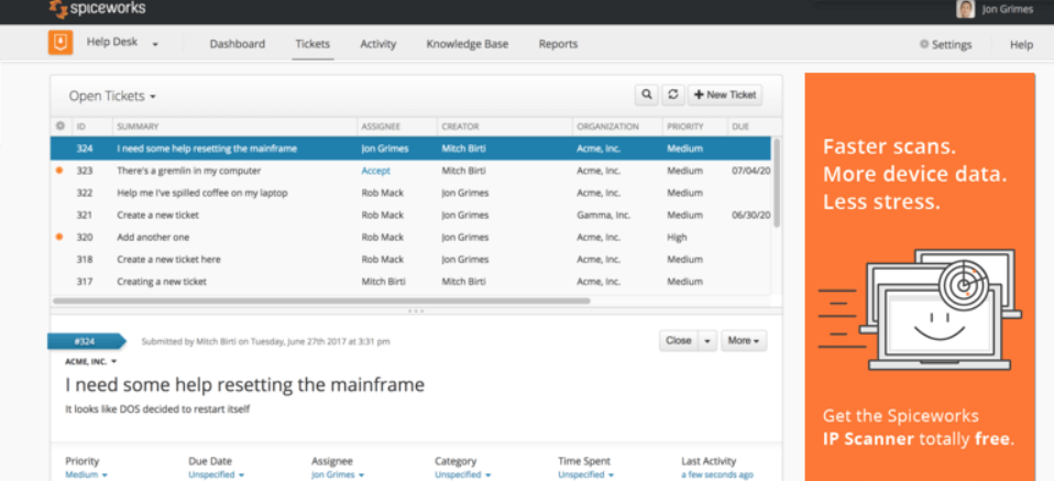 Spiceworks kostenloser Ticketing-Service