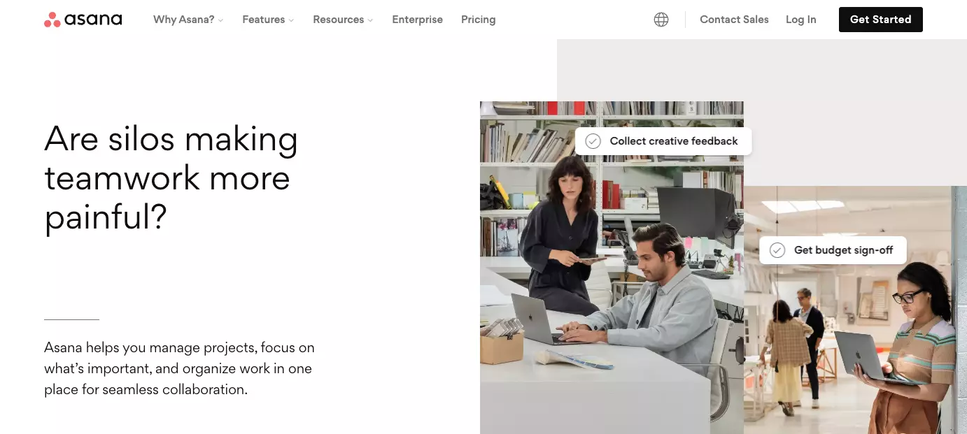 Asana-Startseite - verbessern Sie die Effizienz in Ihrem Unternehmen durch verbesserte Team-Zusammenarbeit, Arbeitsorganisation und Transparenzwahrung.