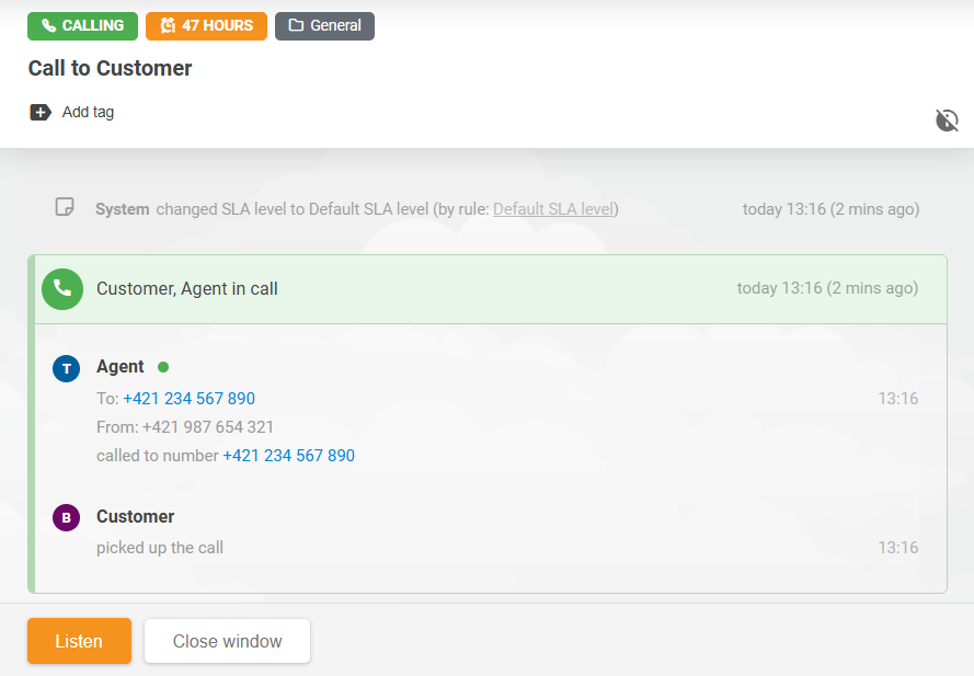 LiveAgent Call Listening-Funktionsschnittstelle, die Agenten beim Abhören von laufenden Anrufen zeigt
