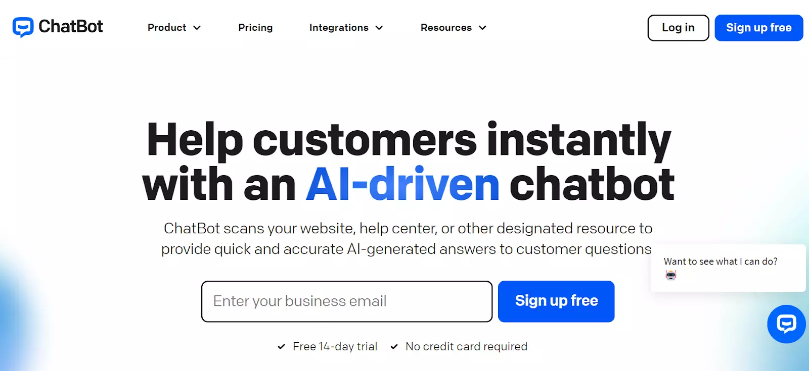 Screenshot der ChatBot-Startseite - Bereitstellung von KI-generierten Antworten mit ihrem leistungsstarken Chatbot