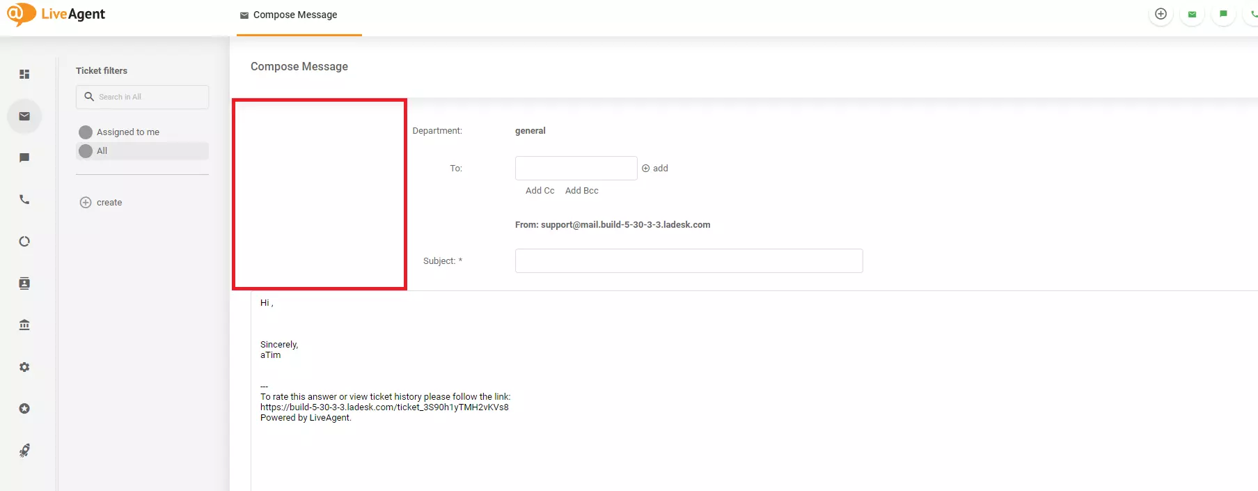 Ein Bild, das ein Designproblem im Bildschirm zum Verfassen von Nachrichten in LiveAgent zeigt