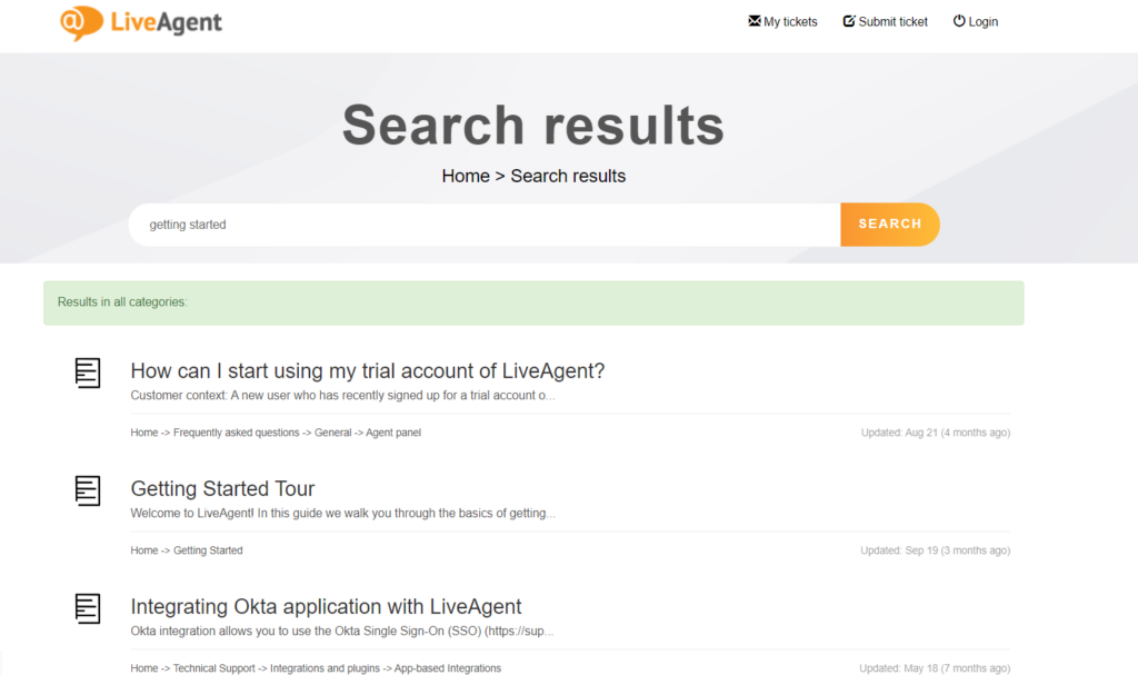 LiveAgent's Knowledge Base mit verschiedenen Benutzerhandbüchern