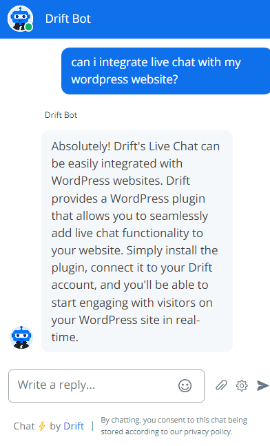 Bild von Drifts Chatbot, der eine Konversation mit einem Kunden über ihr Live-Chat-Tool führt