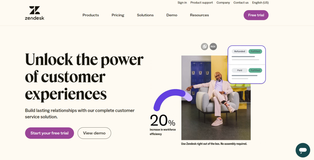 Screenshot der Zendesk-Homepage - beliebte Kundenservice-Software, die Kundenservice-Prozesse vereinfacht