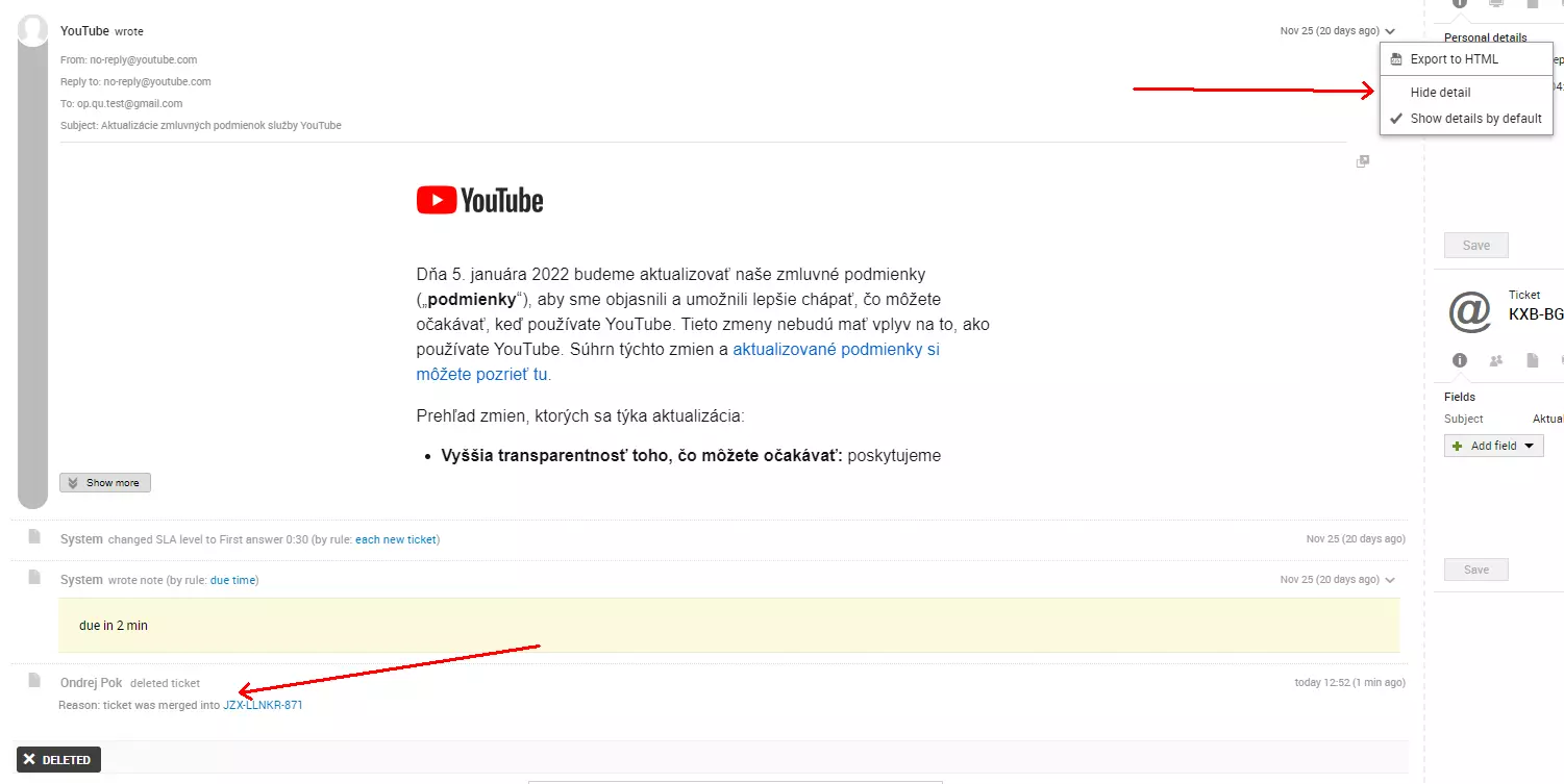 Ein Bild, das einen E-Mail-Quellenfehler nach dem Zusammenführen von zwei Tickets zeigt, ein Problem in früheren Versionen von LiveAgent