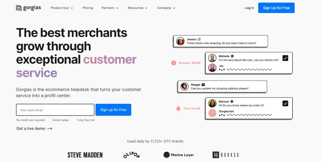 Gorgias-Homepage - gewinnorientierte E-Commerce-Live-Chat-Software