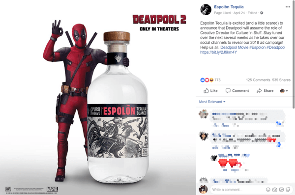 Tequila-Markenpartnerschaftsankündigung mit Deadpool 2 Film auf Facebook