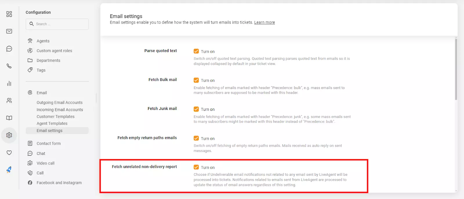 E-Mail-Einstellungen in LiveAgent mit der Option 'Unzugehörige Zustellungsberichte abrufen