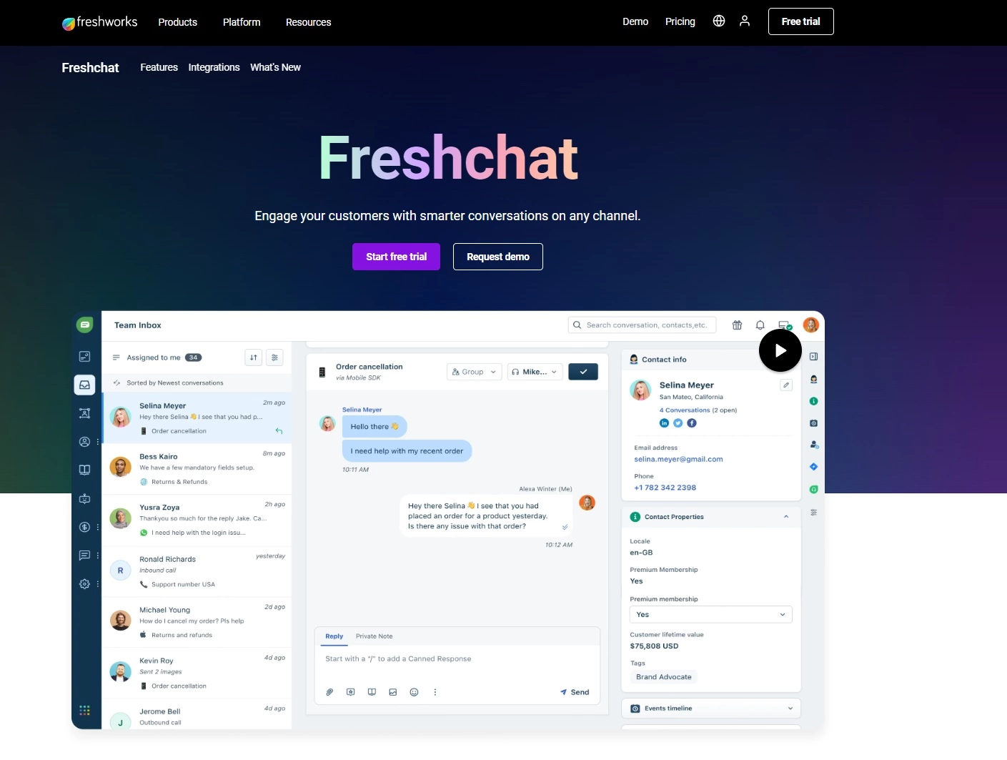 Screenshot der Freshdesk-Startseite - das Live-Chat-Tool für intelligere und schnellere Konversationen