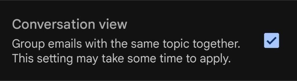 Ein Kontrollkästchen zum Aktivieren und Deaktivieren der Konversationsansicht in der Gmail-App