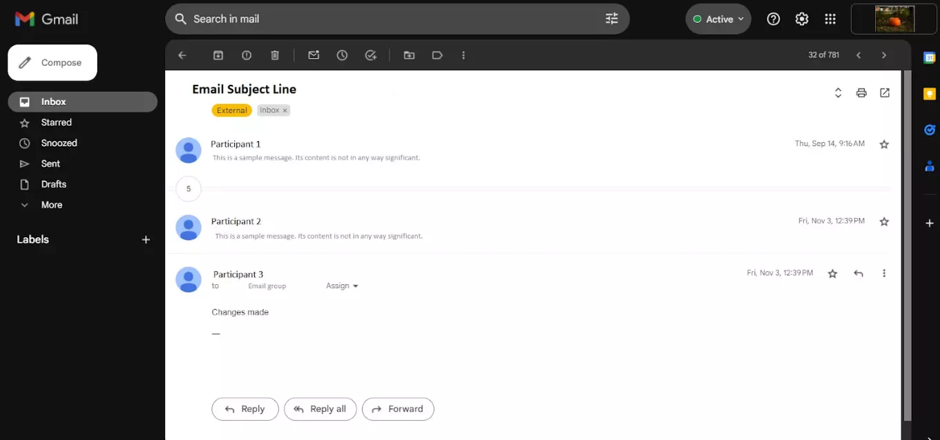Ein Beispiel eines E-Mail-Threads zwischen mehreren Teilnehmern über einen Zeitraum