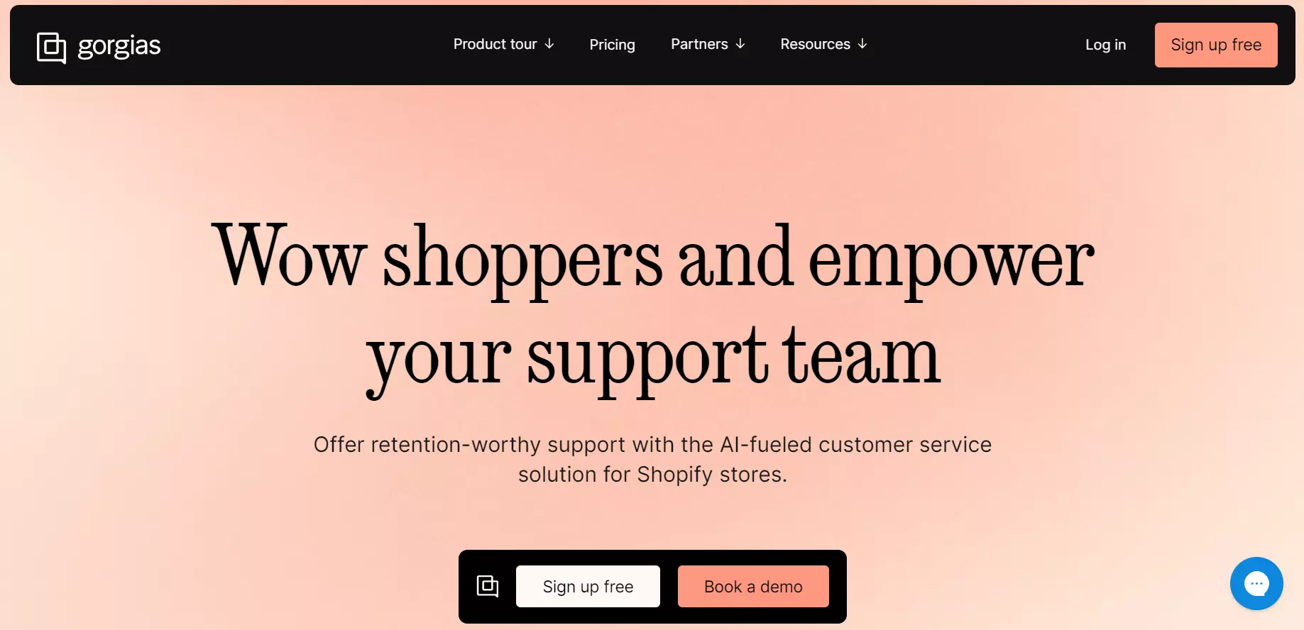 Screenshot of Gorgias homepage - customer service solution that is powered by AI.