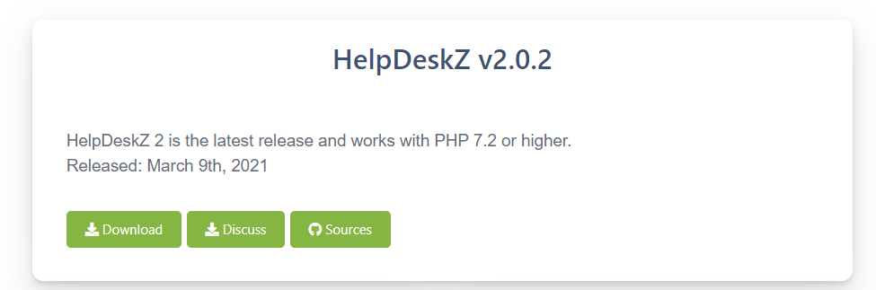 Ein Beispiel der Download-Seite eines Open Source Ticketing-Systems mit dem Download-Button, Diskussion und Quellen