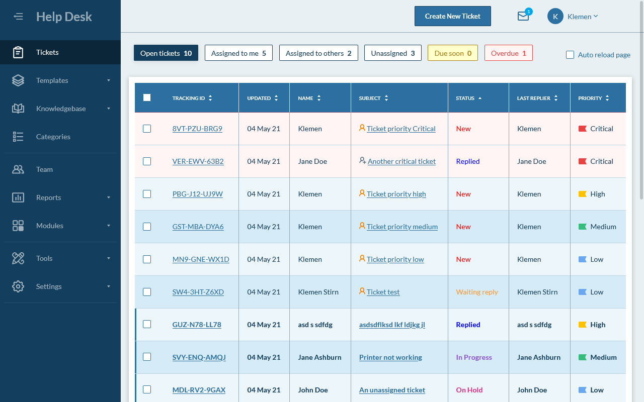 Hesk kostenloser selbst gehosteter Helpdesk – Ticketliste im Admin-Panel