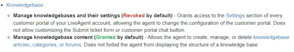Bild mit Beispielen verschiedener Berechtigungen, die Benutzer bezüglich ihrer Wissensdatenbank haben können