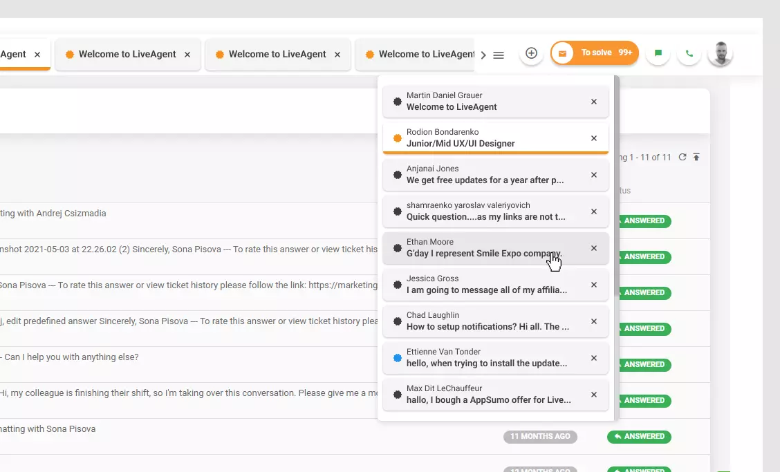 LiveAgent - Liste geöffneter Tickets