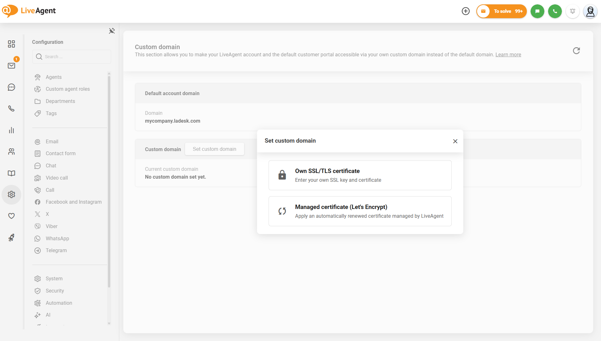 LiveAgent benutzerdefinierte Domain-Einstellungen mit der Option für von Let's Encrypt verwaltete Zertifikate