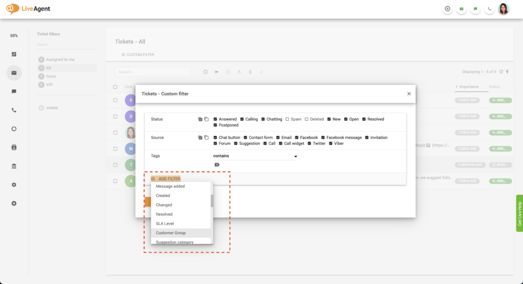 LiveAgent Kundenfilter hinzufügen