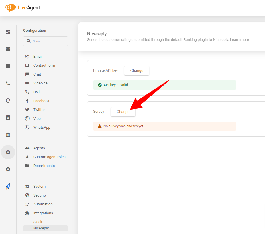 Wählen Sie nach Einfügen des API-Schlüssels die gewünschte Nicereply-Umfrage in LiveAgent aus