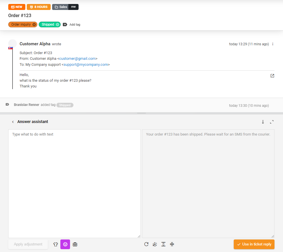 AI Answer Assistant-Tool in Verwendung für eine Ticket-Antwort