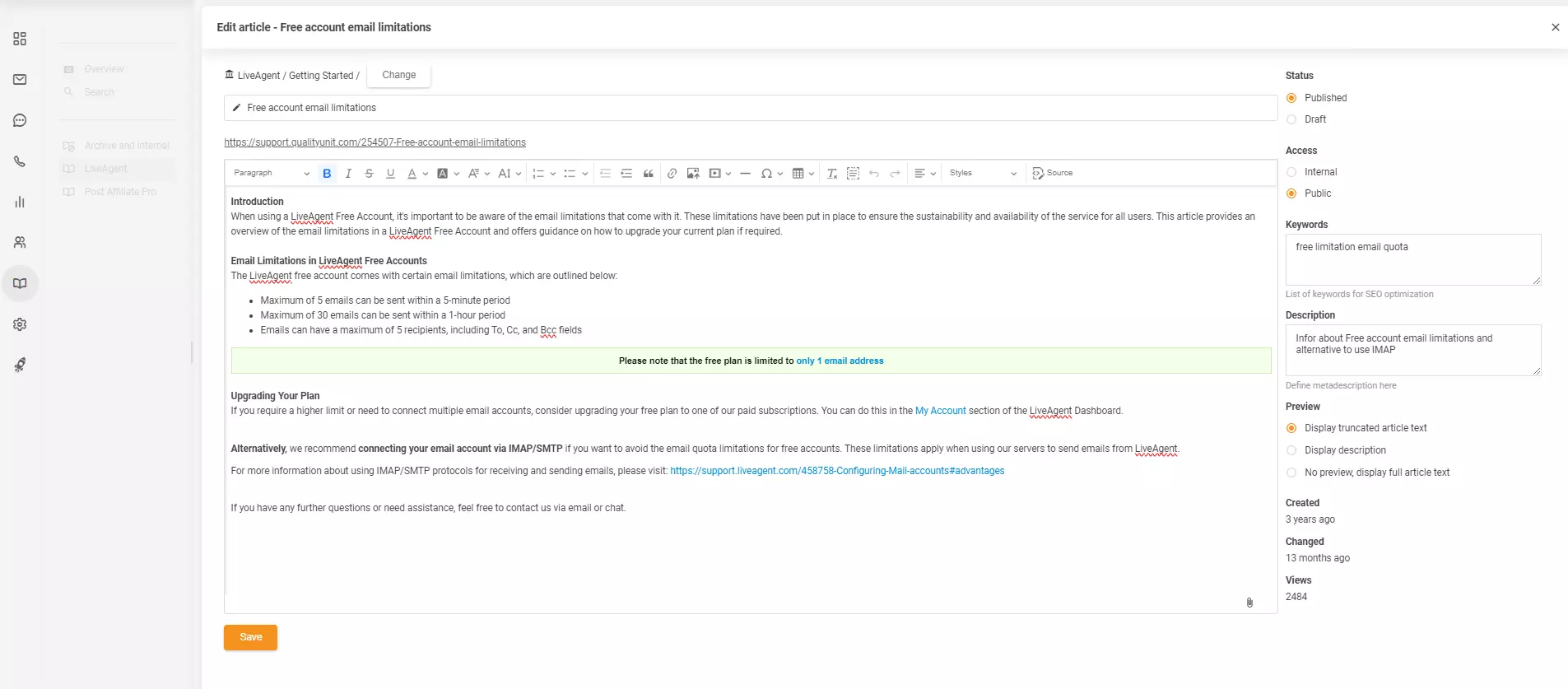 Artikel-Editor in LiveAgent