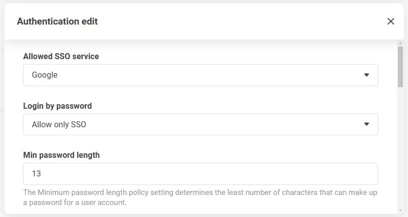 Authentifizierungseinstellungen-Bildschirm mit Option, nur SSO im Passwort-Login-Bereich zuzulassen